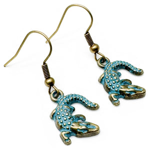 Crocodile Charm Earrings, Antique Bronze Tone Metal Charms