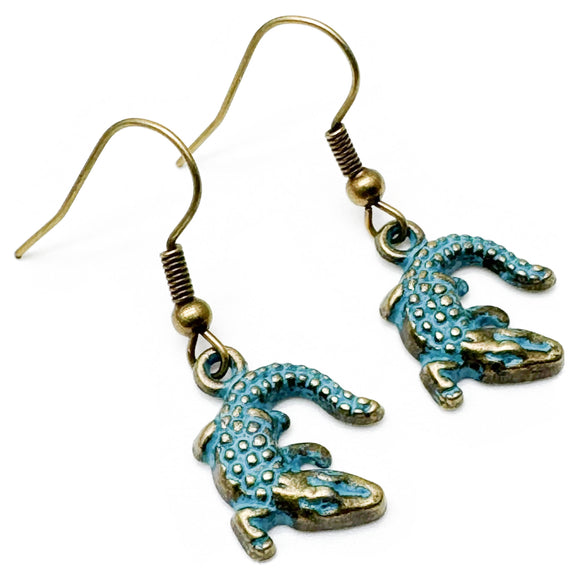 Crocodile Charm Earrings, Antique Bronze Tone Metal Charms