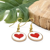 Red Heart Earrings with Round White Enamel Charm Beads