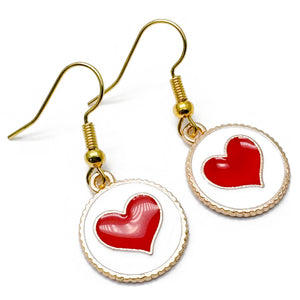 Red Heart Earrings with Round White Enamel Charm Beads