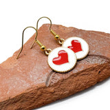 Red Heart Earrings with Round White Enamel Charm Beads