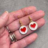 Red Heart Earrings with Round White Enamel Charm Beads