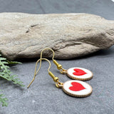 Red Heart Earrings with Round White Enamel Charm Beads