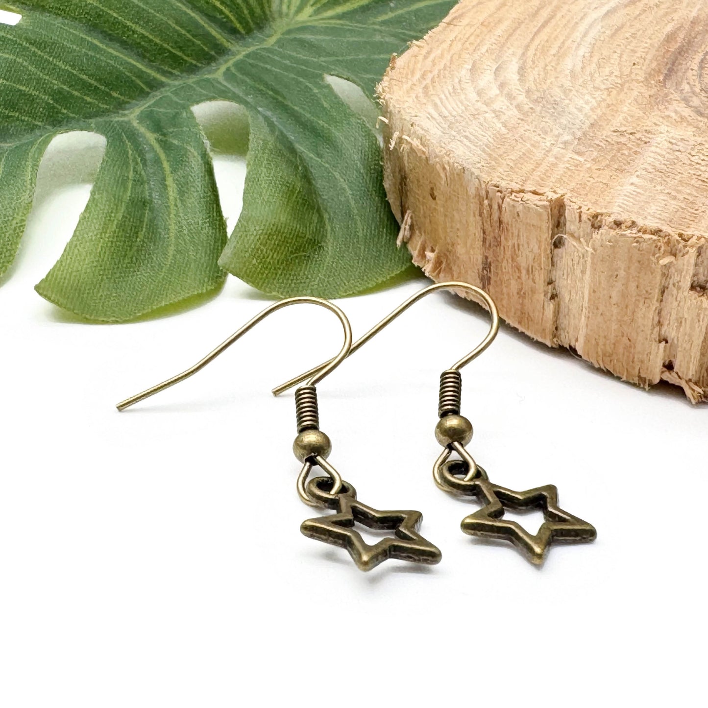 Star Bead Dangly Earrings, Antique Bronze Style Charms