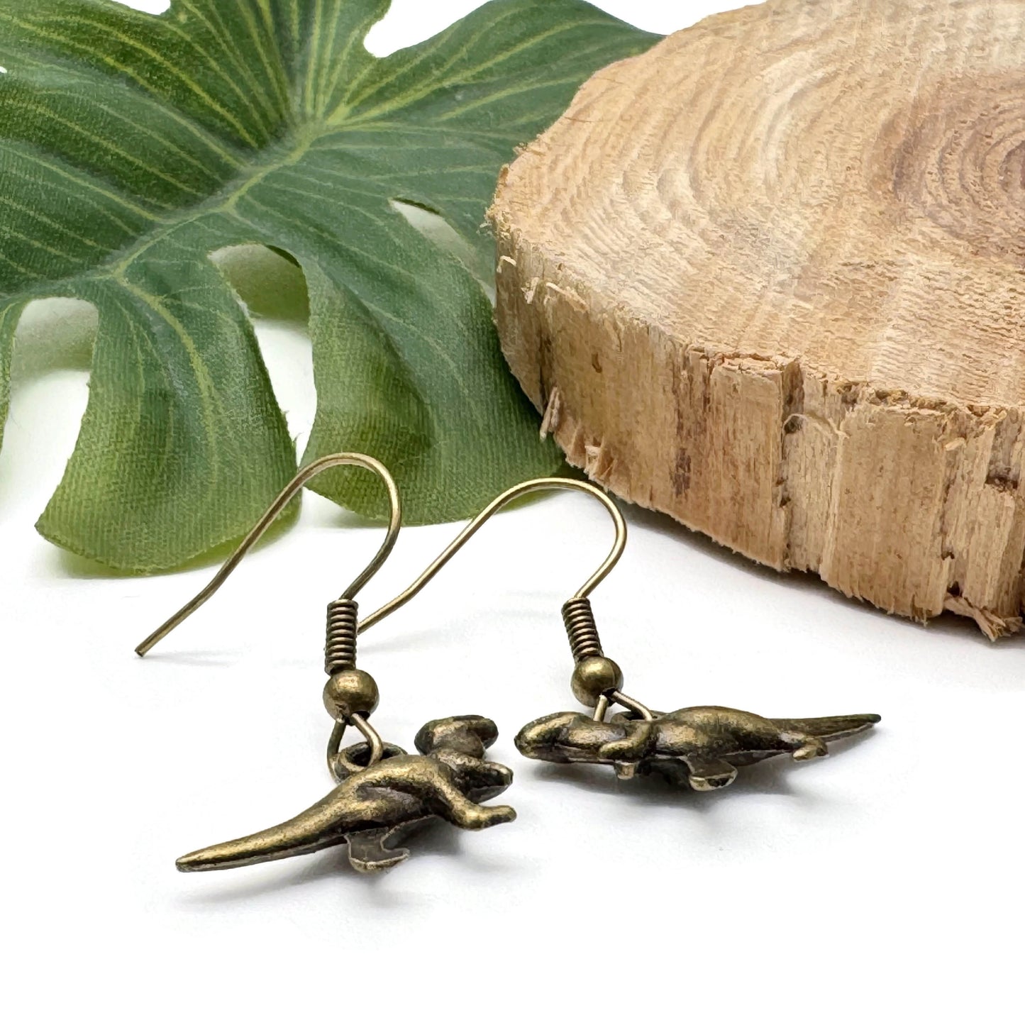 Dinosaur Charm Earrings, Antique Bronze Tone Charms