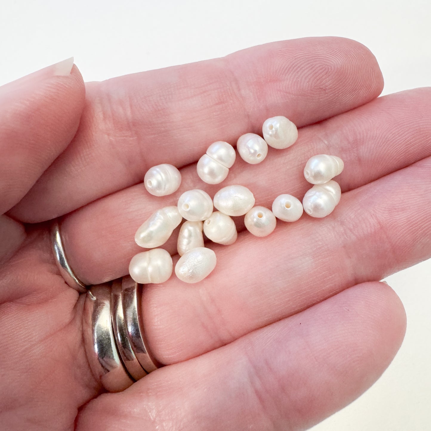 White Pearl Stretch Ring with Silver Plated Beads