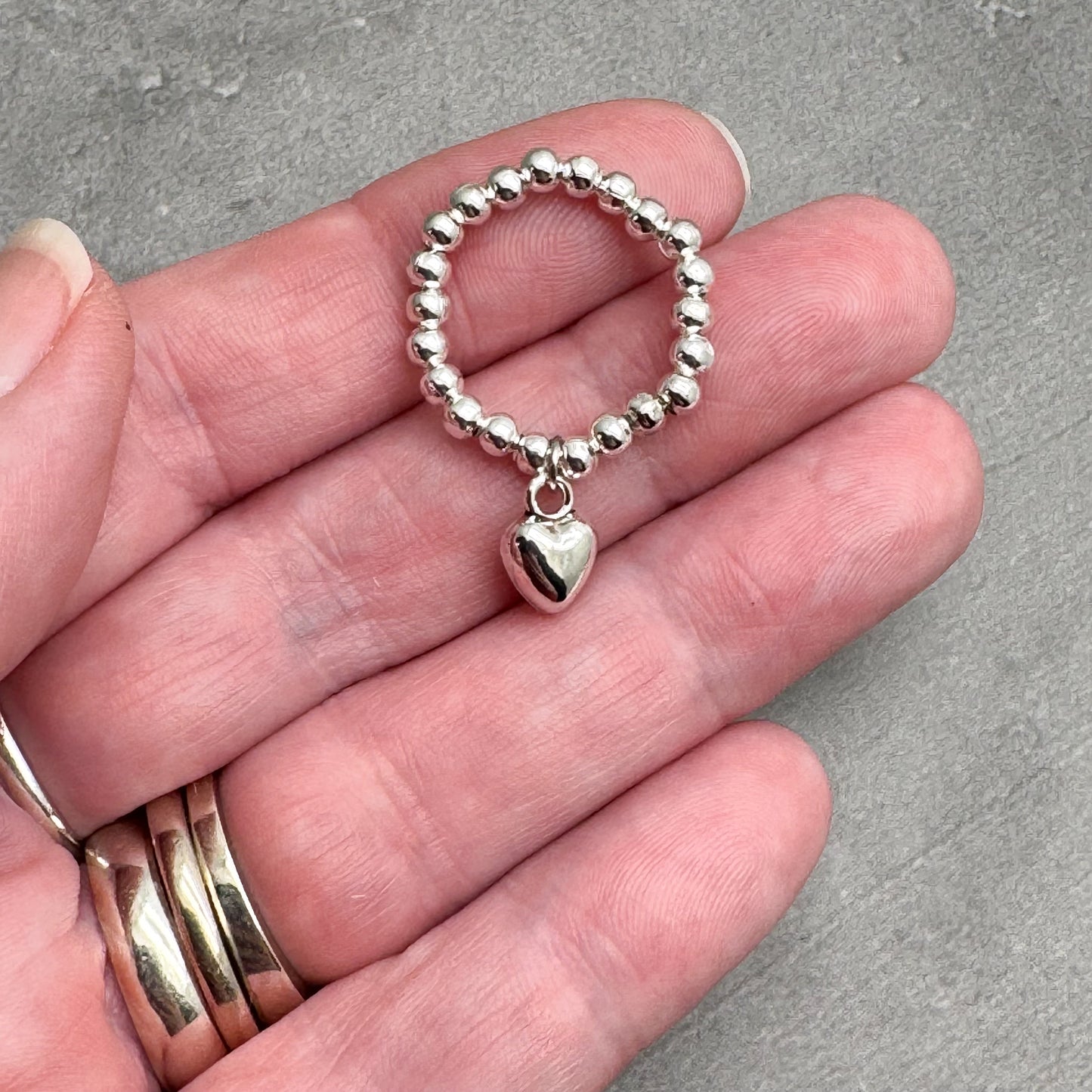 Heart Charm Stretch Ring with Silver Plated Beads