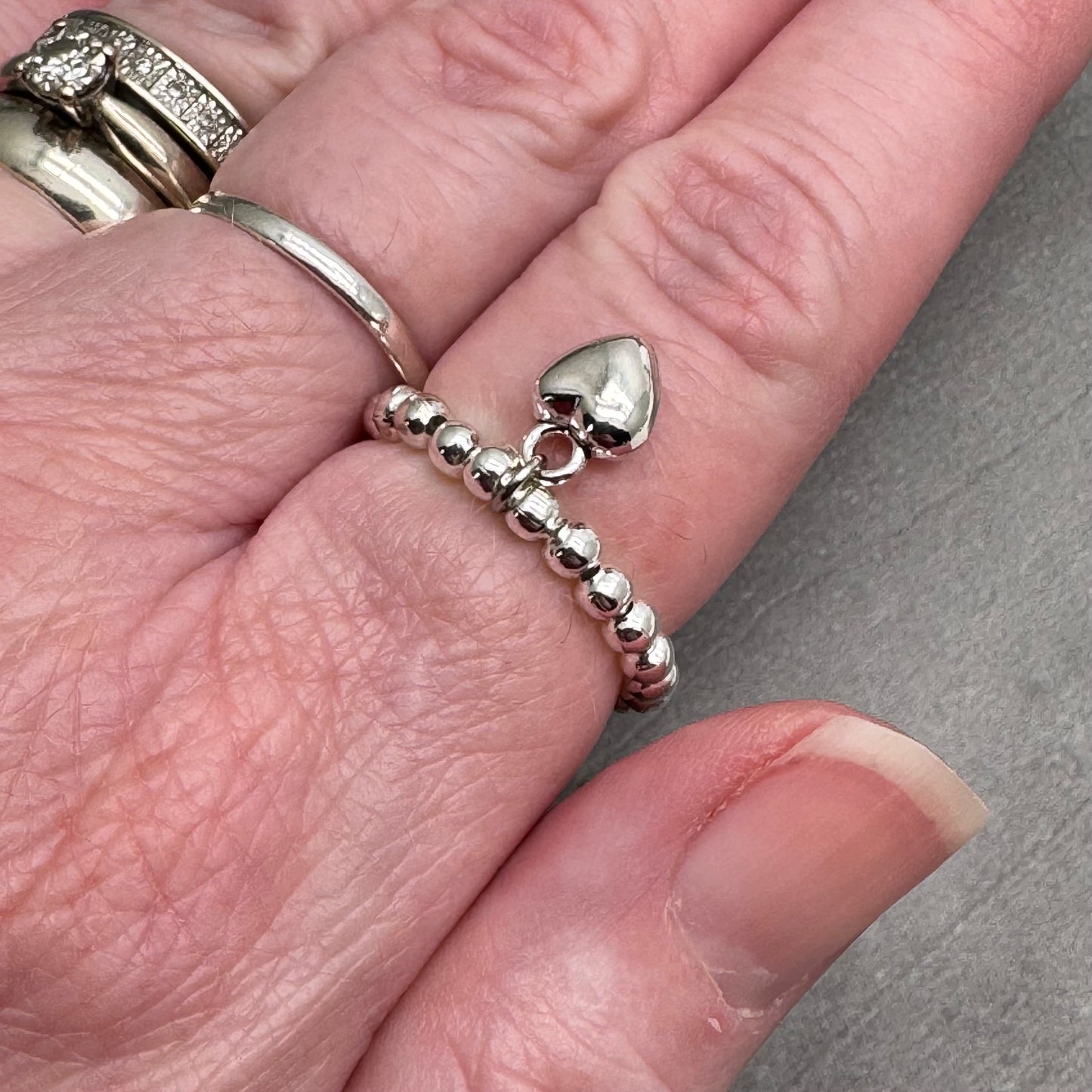 Heart Charm Stretch Ring with Silver Plated Beads