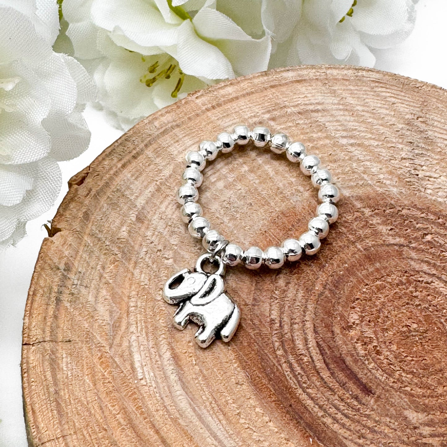 Elephant Charm Stretch Ring with Silver Plated Beads