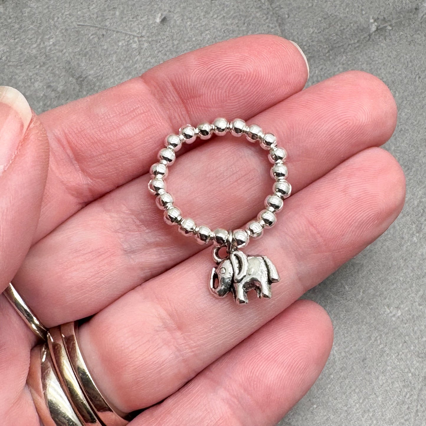 Elephant Charm Stretch Ring with Silver Plated Beads