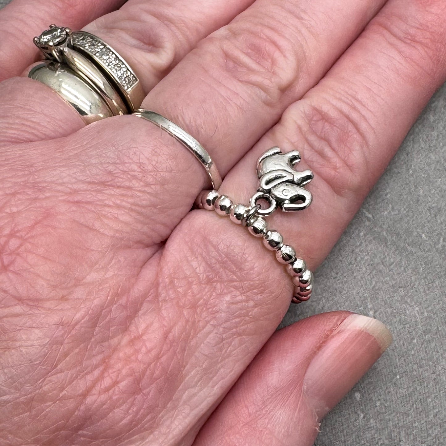 Elephant Charm Stretch Ring with Silver Plated Beads