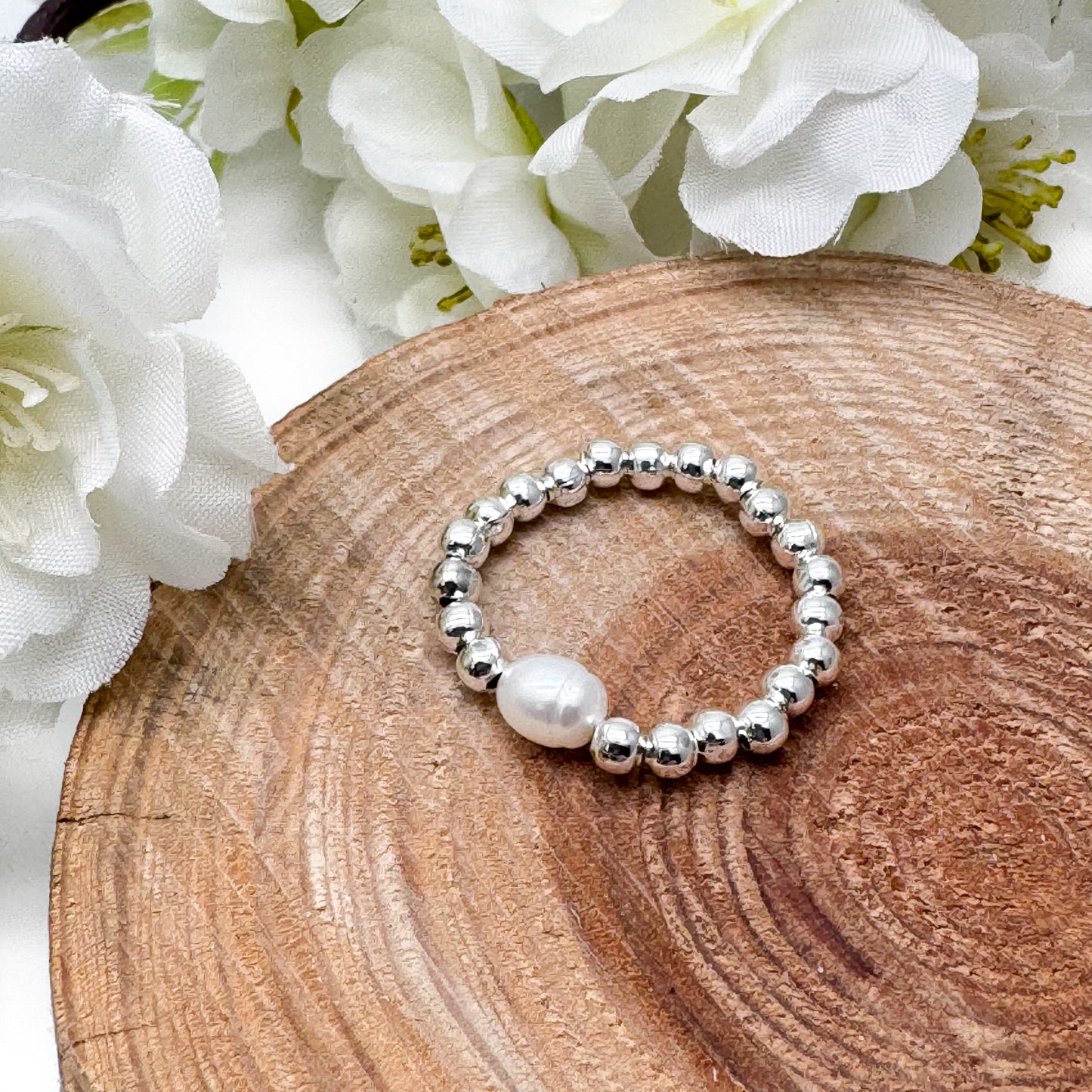 White Pearl Stretch Ring with Silver Plated Beads