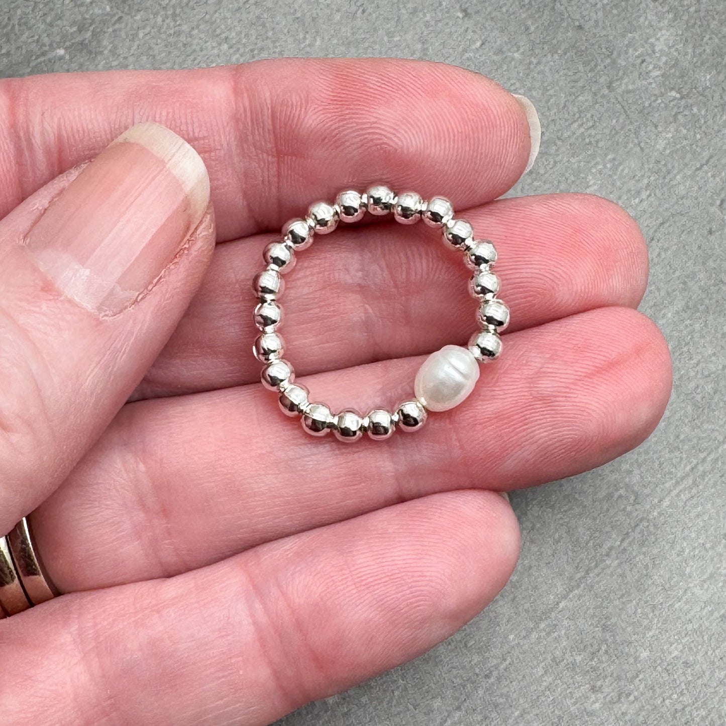 White Pearl Stretch Ring with Silver Plated Beads