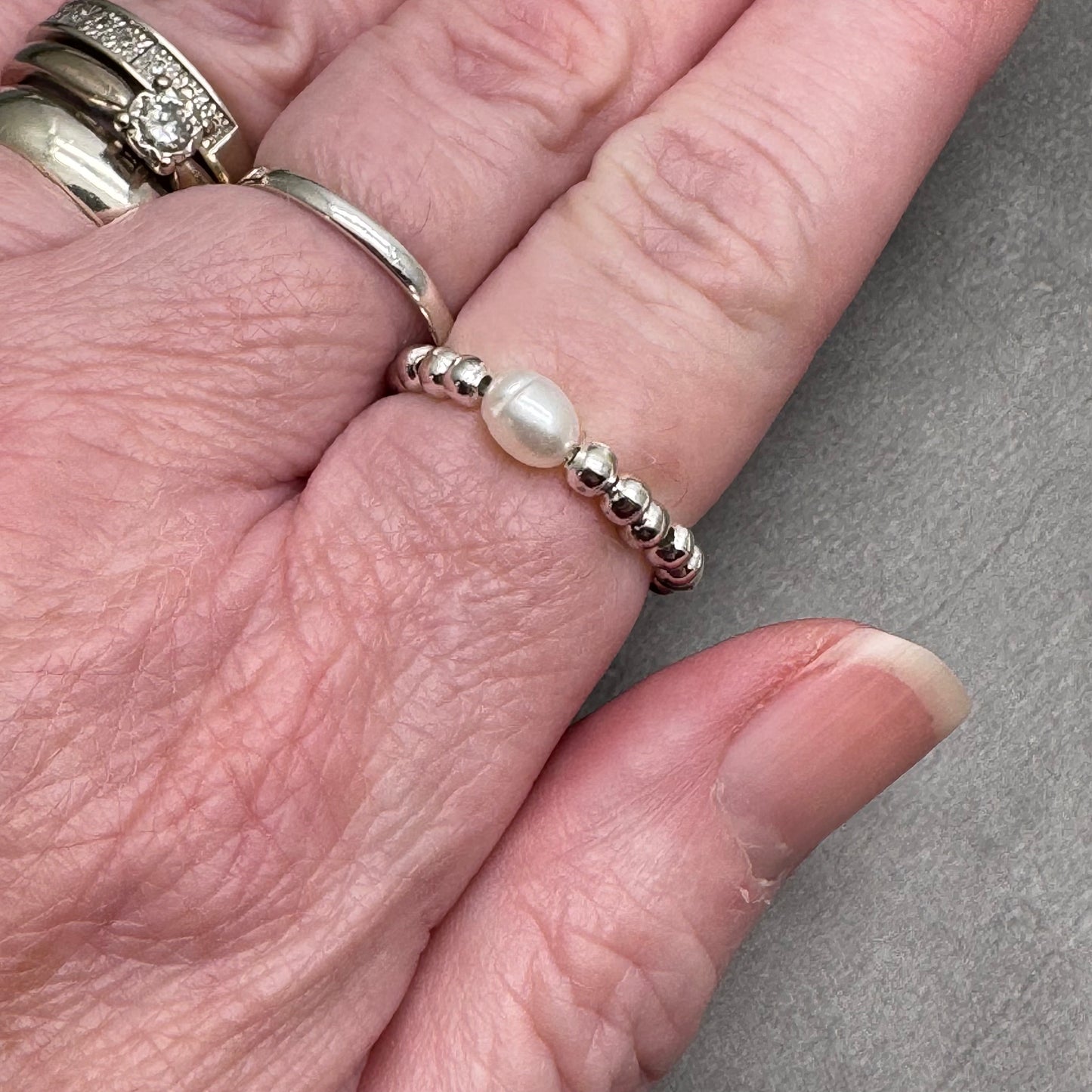 White Pearl Stretch Ring with Silver Plated Beads