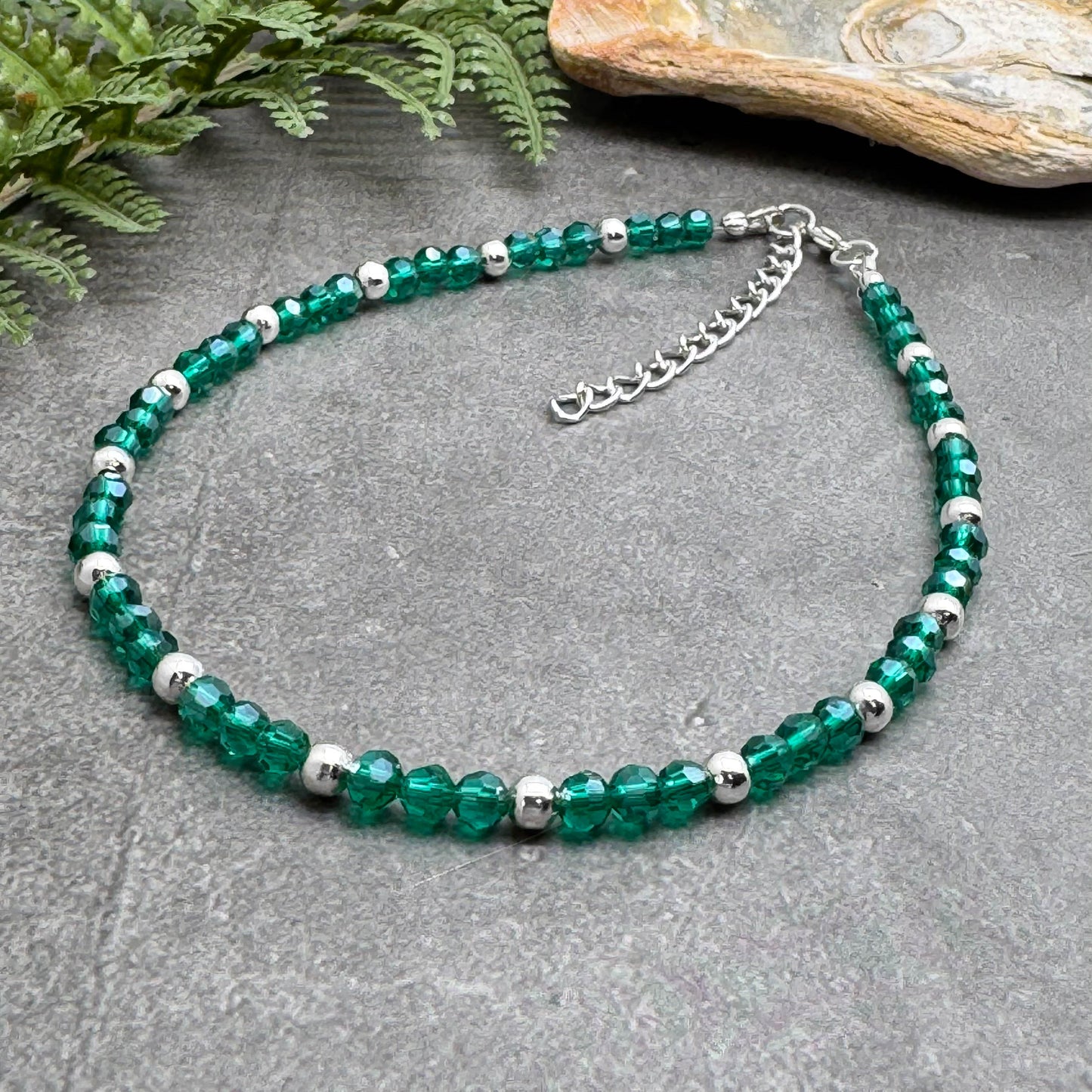 Plus Size Anklet with Faceted Teal Green Glass Beads, Adjustable