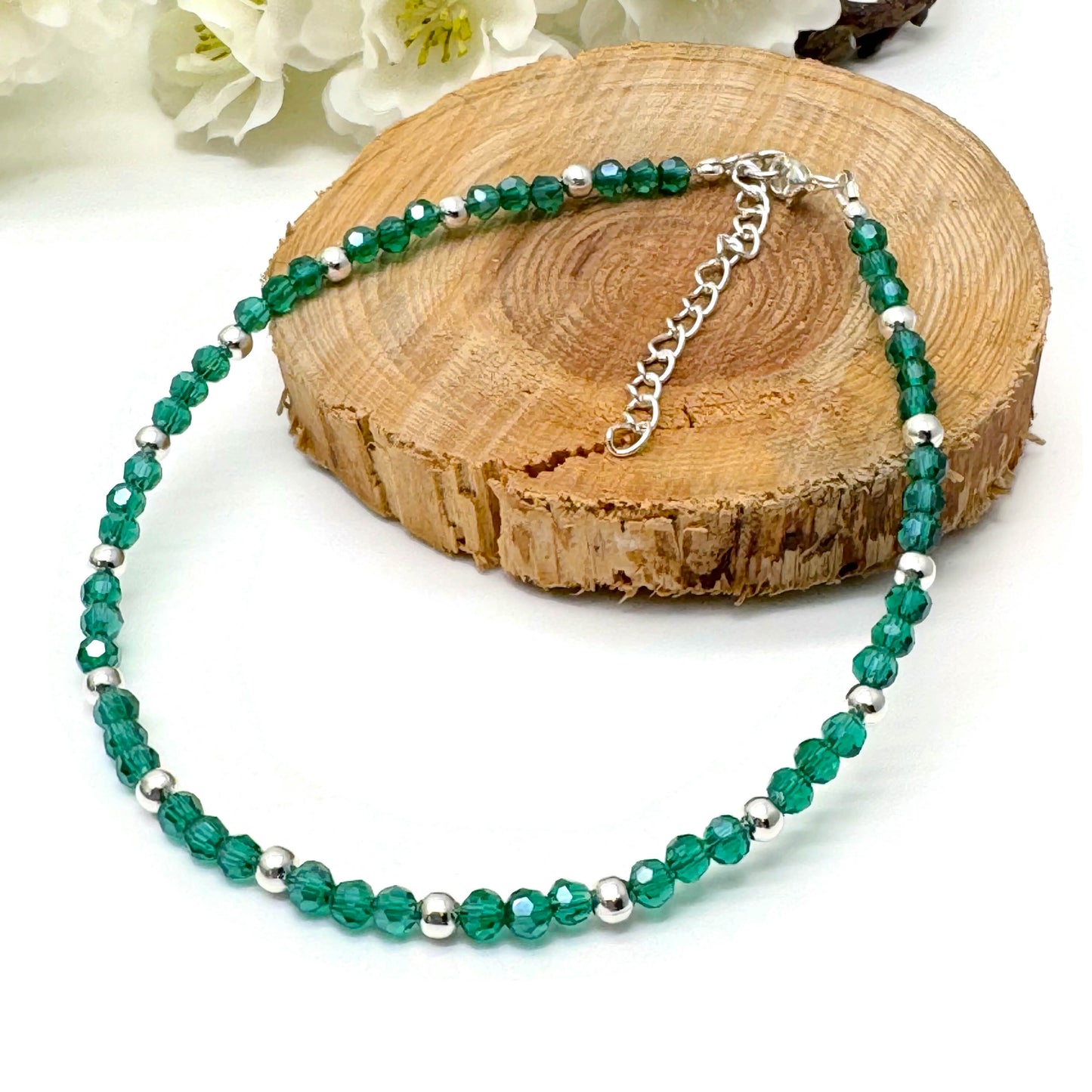 Plus Size Anklet with Faceted Teal Green Glass Beads, Adjustable