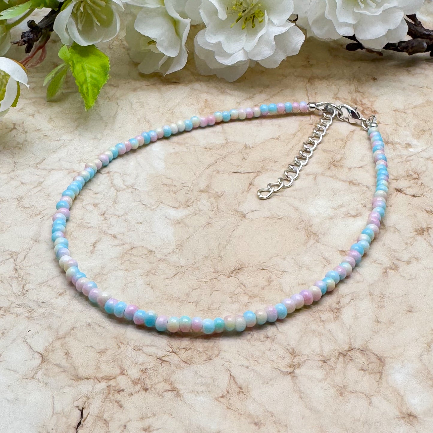 Plus Size Anklet with 3mm Pale Pastel Beads, Adjustable