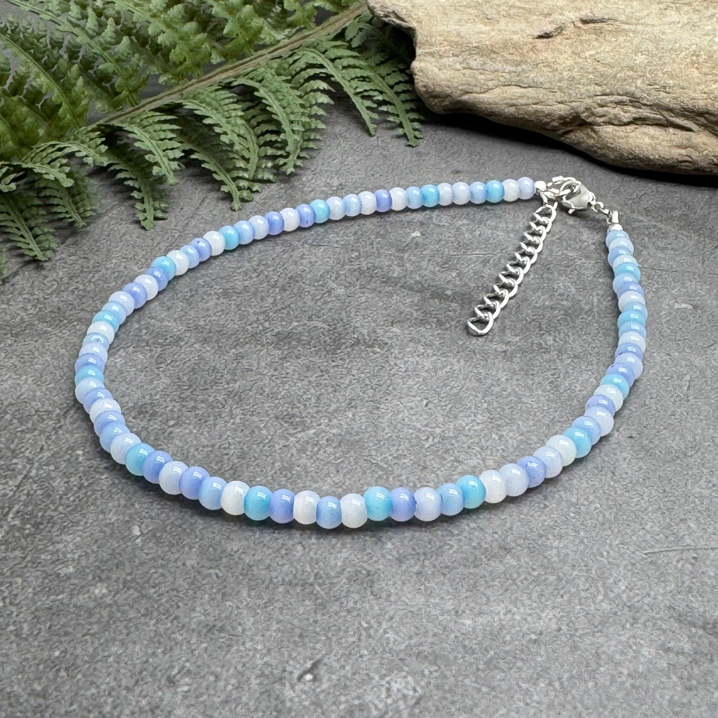 Plus Size Anklet with Pale Blue Glass Seed Beads, Adjustable