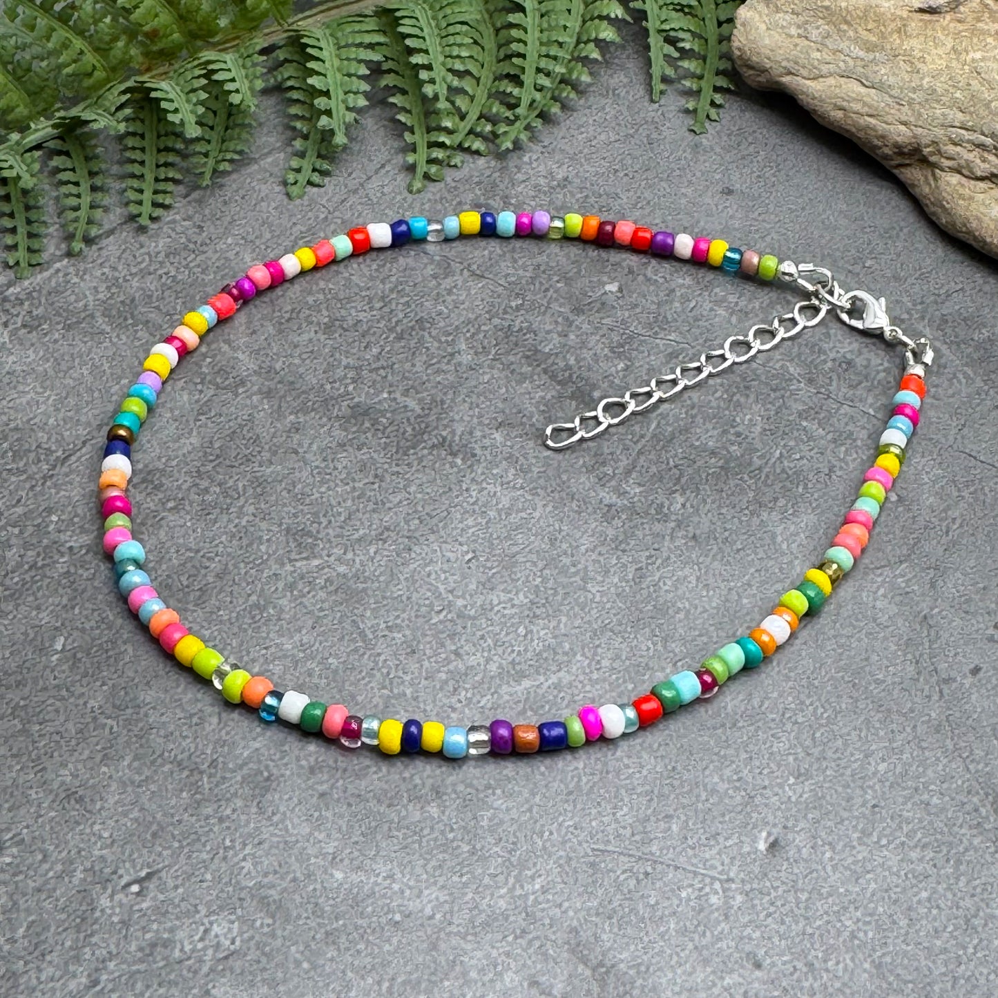 Plus Size Anklet with 3mm Bright Colour Mix Beads, Adjustable