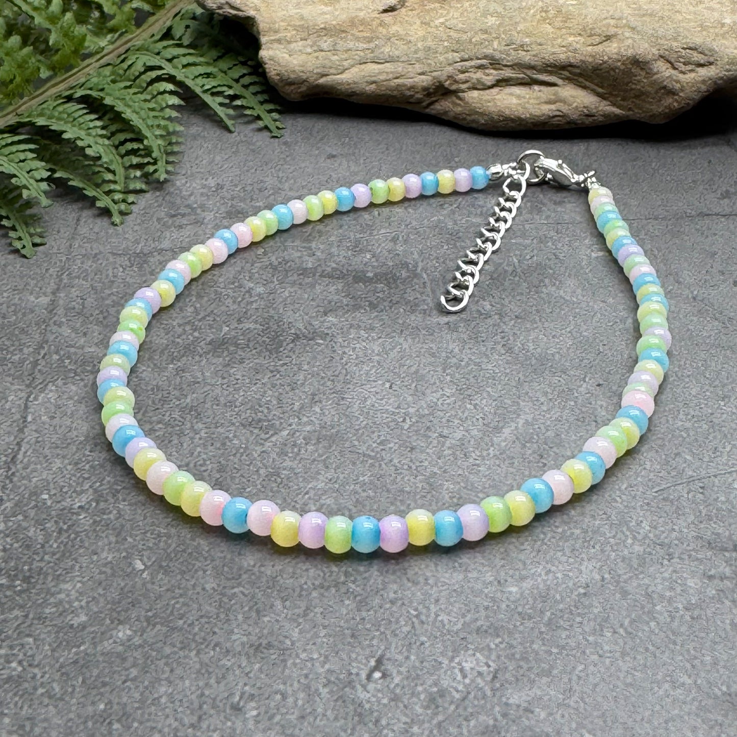 Plus Size Anklet with Pale Pastel Glass Seed Beads, Adjustable