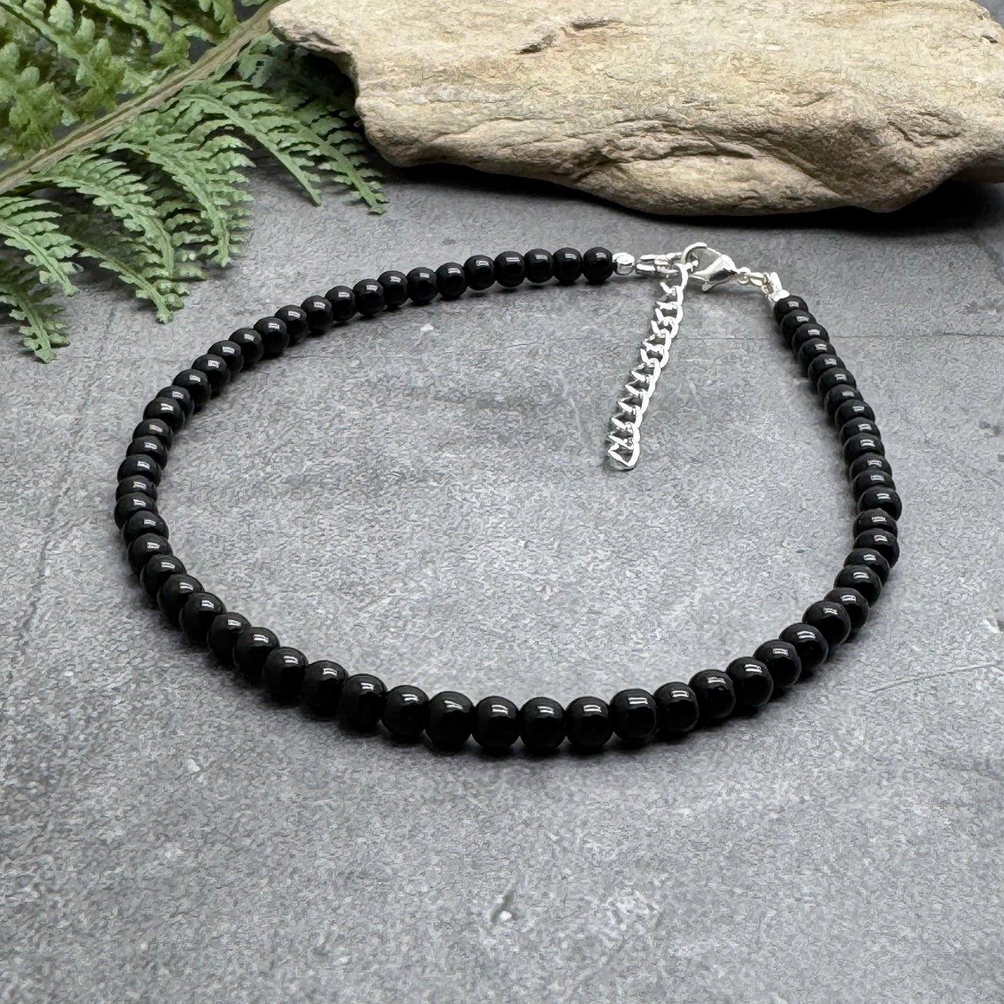 Plus Size Anklet with 4mm Black Glass Beads, Adjustable