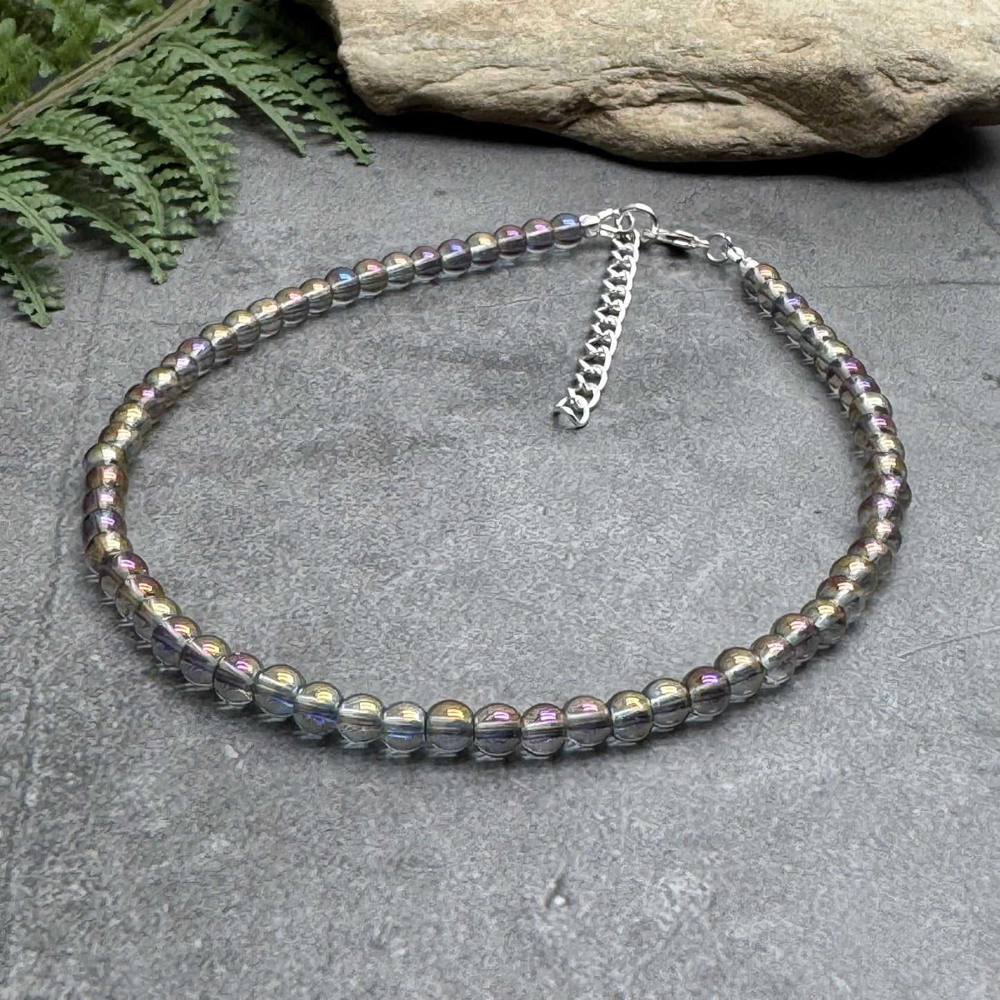 Plus Size Anklet with 4mm AB Taupe Brown Glass Beads, Adjustable