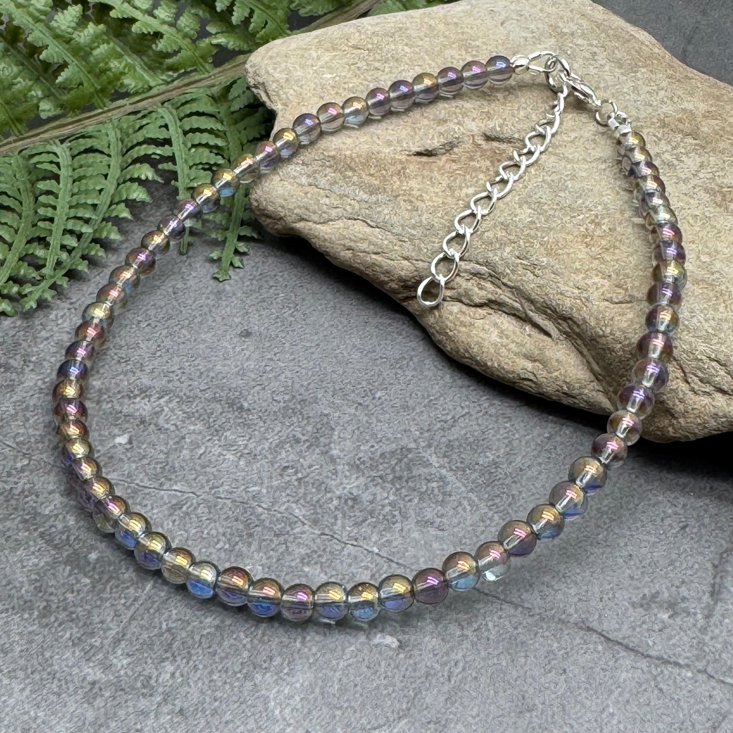 Plus Size Anklet with 4mm AB Taupe Brown Glass Beads, Adjustable