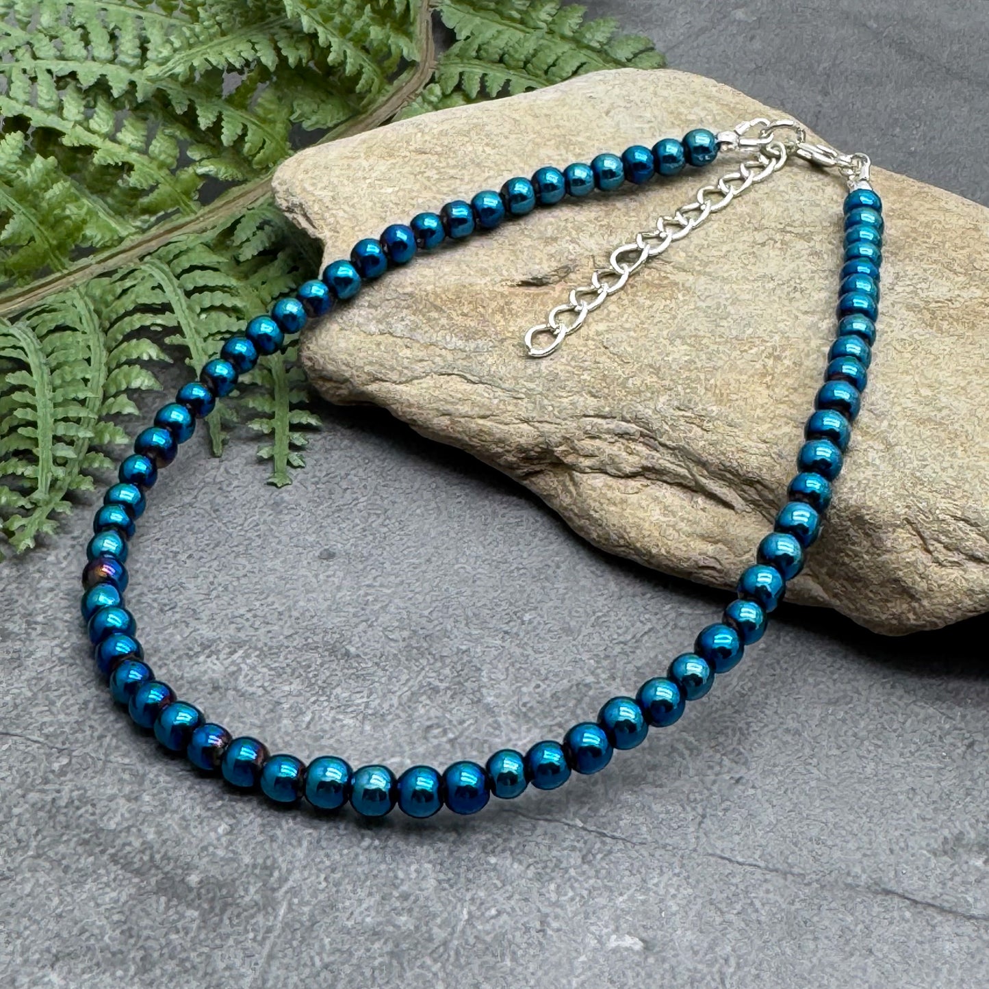 Plus Size Anklet with 4mm AB Dark Blue Glass Beads, Adjustable