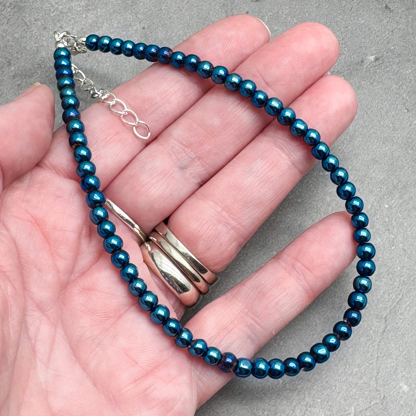 Plus Size Anklet with 4mm AB Dark Blue Glass Beads, Adjustable