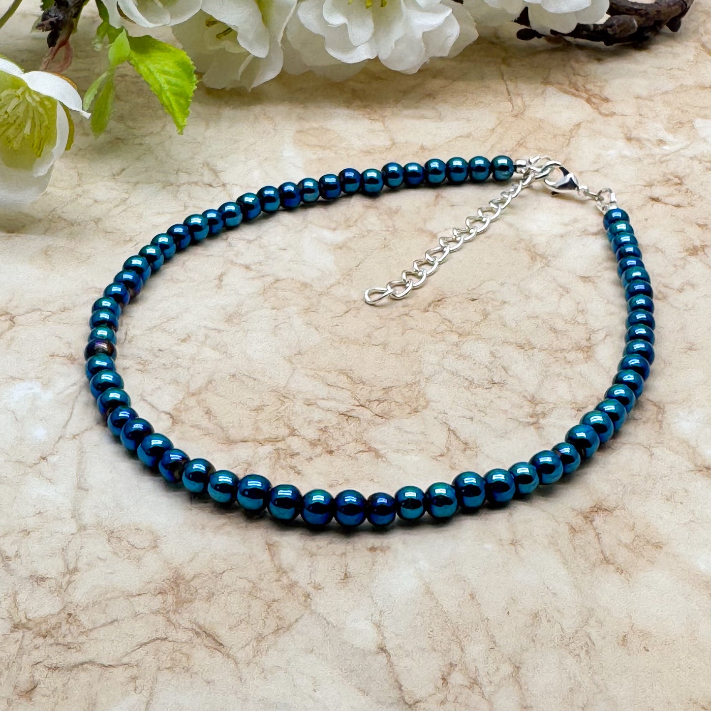 Plus Size Anklet with 4mm AB Dark Blue Glass Beads, Adjustable