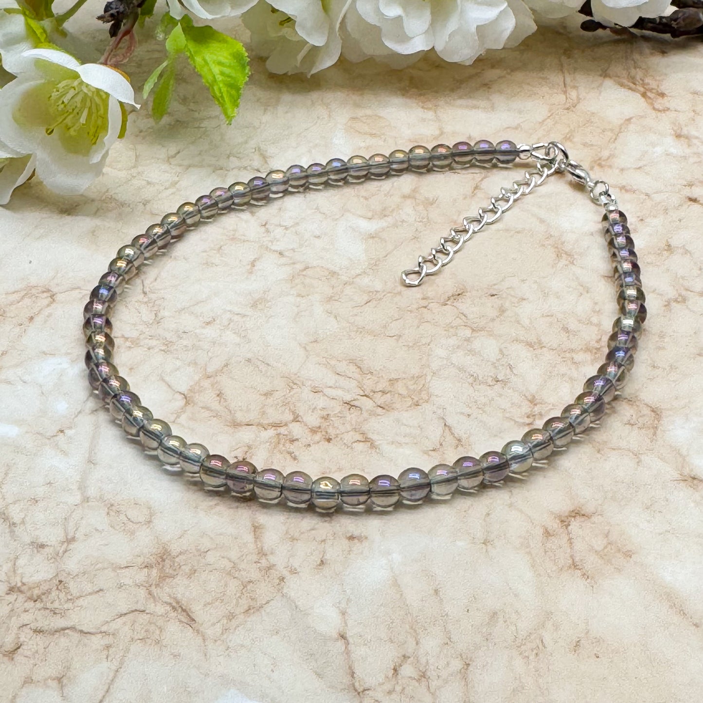 Plus Size Anklet with 4mm AB Taupe Brown Glass Beads, Adjustable