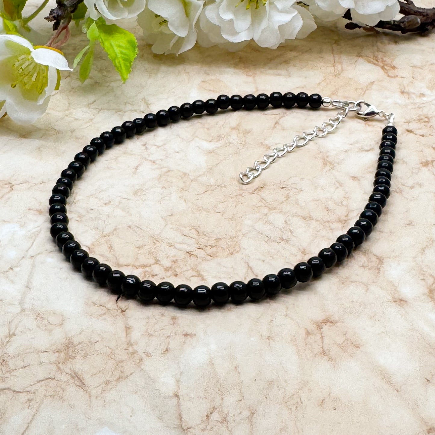 Plus Size Anklet with 4mm Black Glass Beads, Adjustable