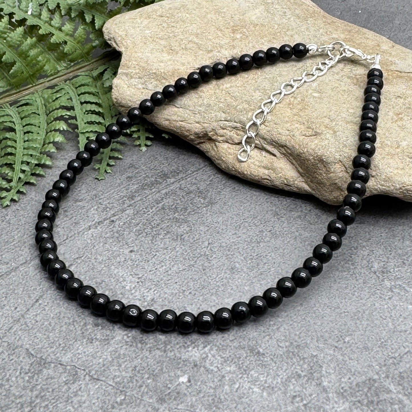 Plus Size Anklet with 4mm Black Glass Beads, Adjustable