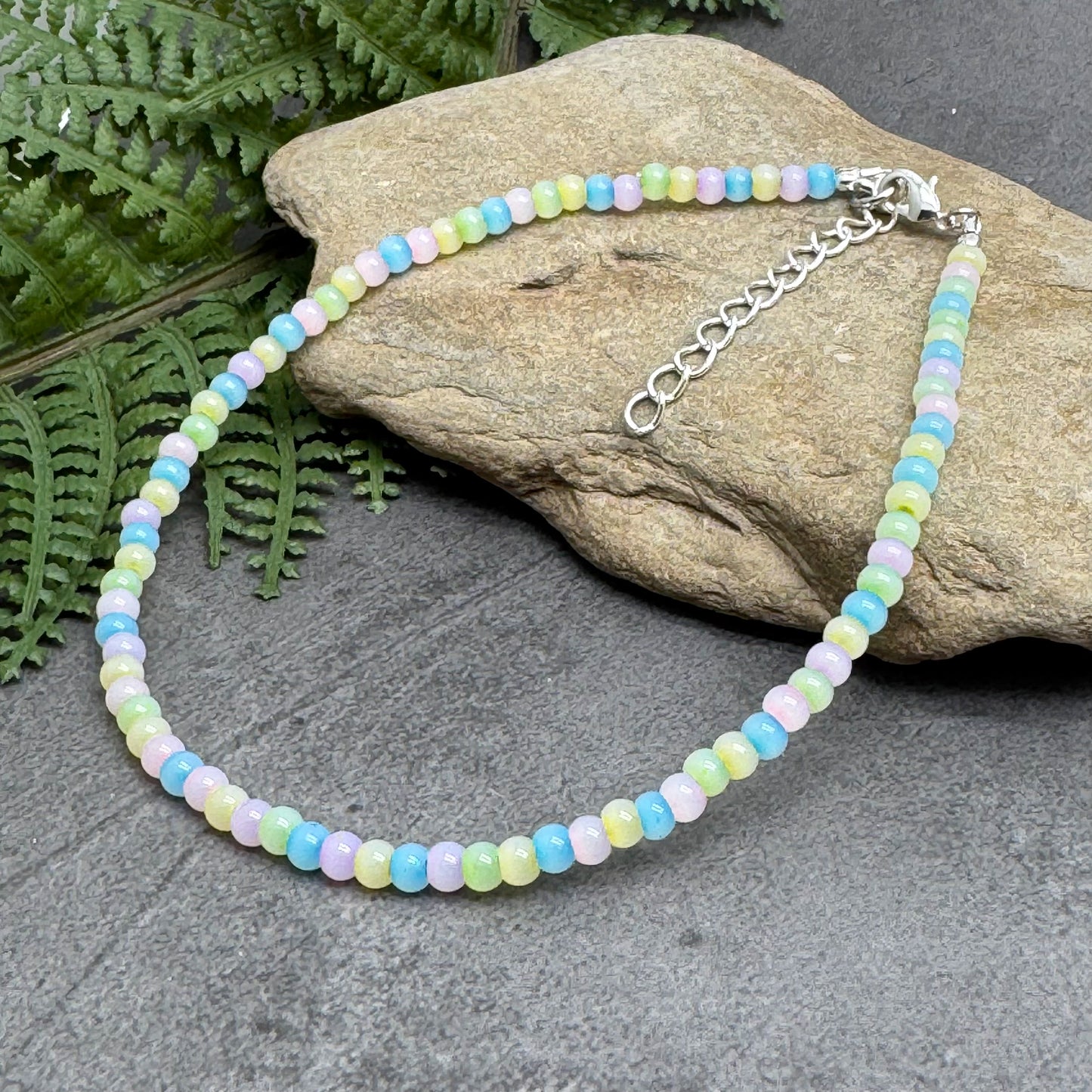 Plus Size Anklet with Pale Pastel Glass Seed Beads, Adjustable