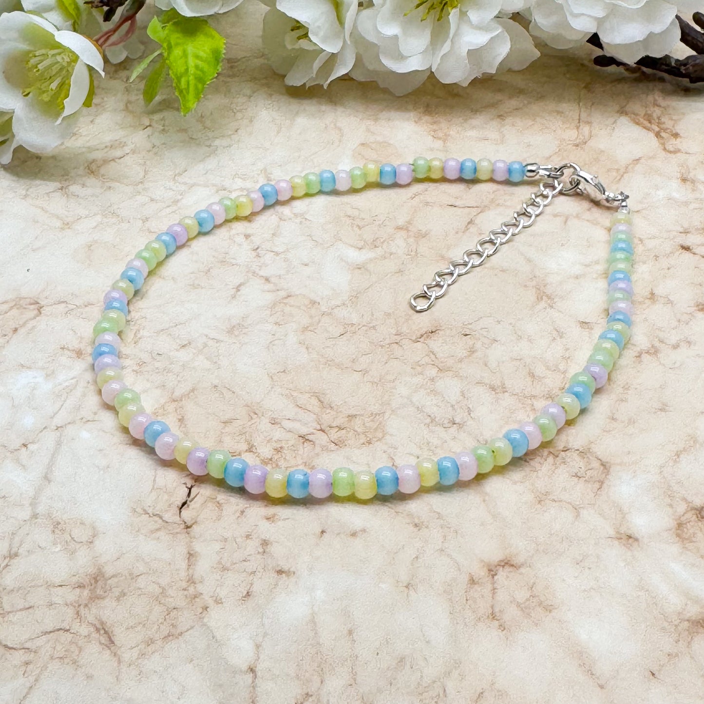 Plus Size Anklet with Pale Pastel Glass Seed Beads, Adjustable