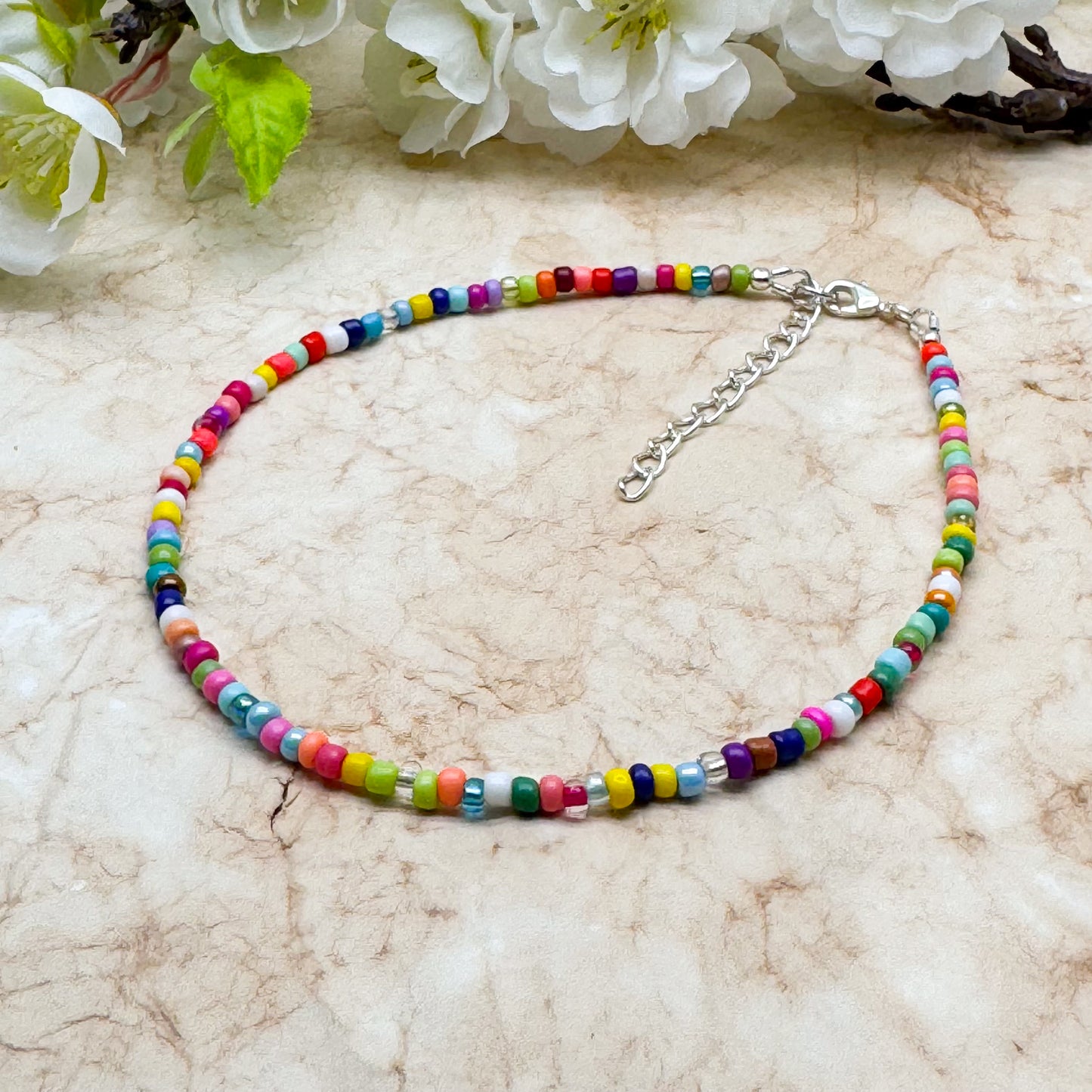 Plus Size Anklet with 3mm Bright Colour Mix Beads, Adjustable