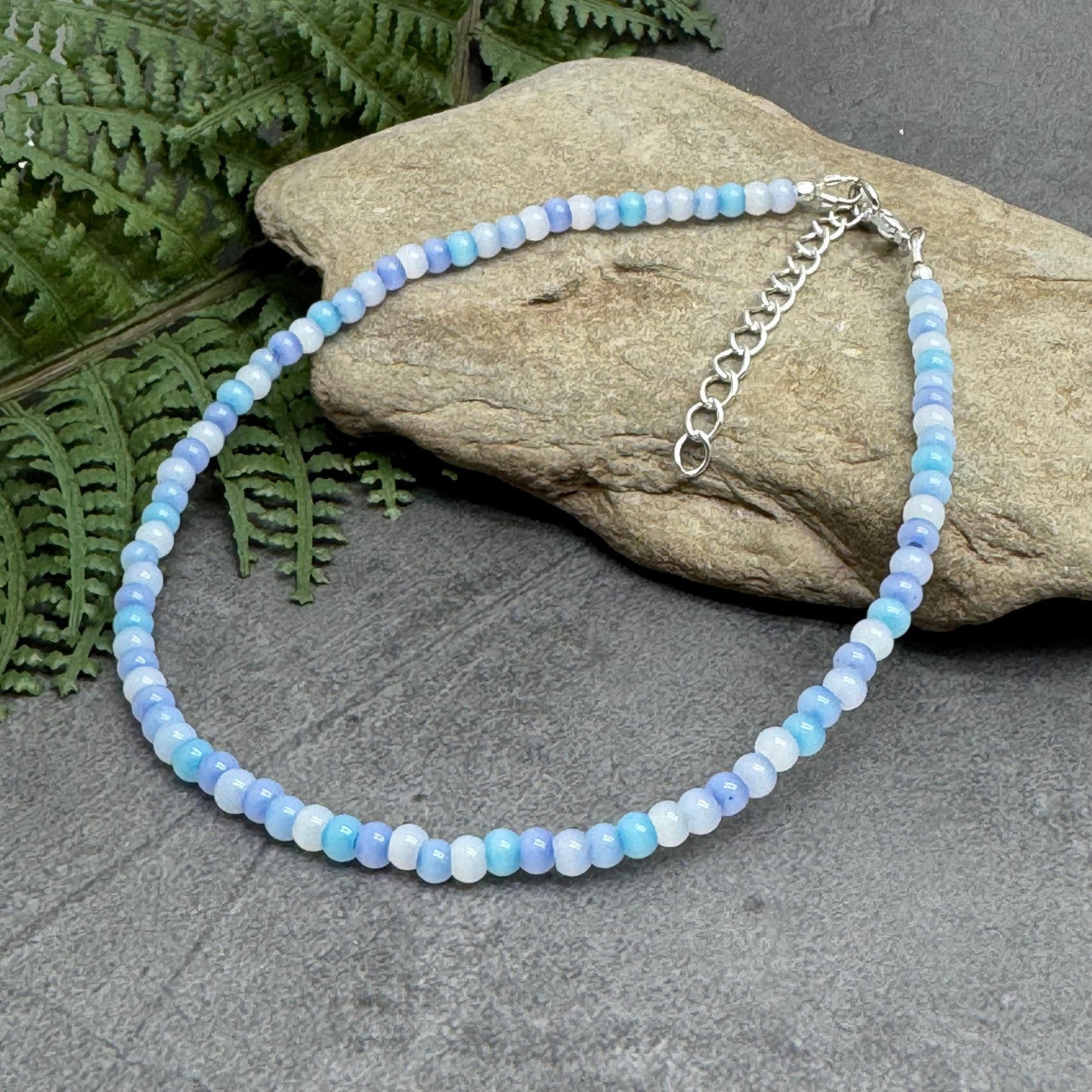 Plus Size Anklet with Pale Blue Glass Seed Beads, Adjustable