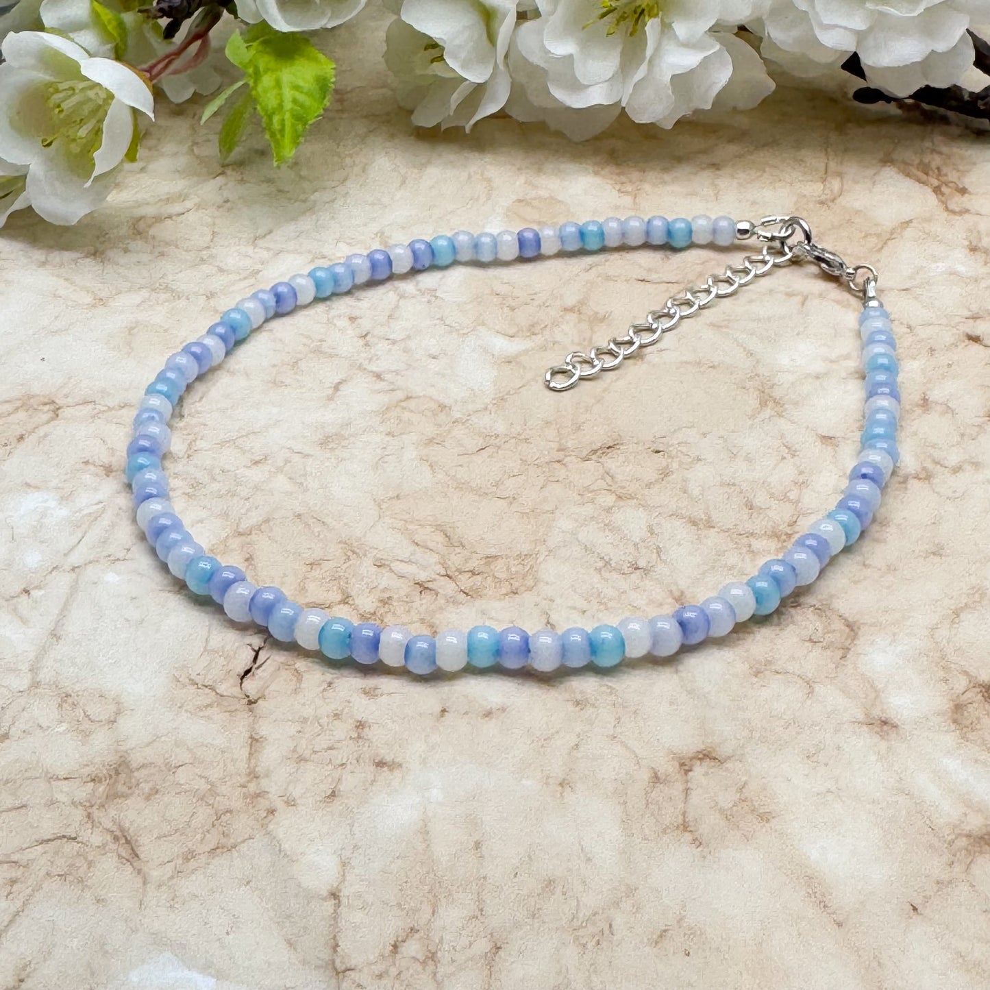 Plus Size Anklet with Pale Blue Glass Seed Beads, Adjustable