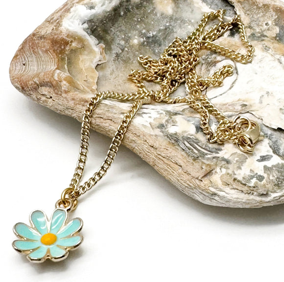 Blue Daisy Flower Charm Pendant Necklace