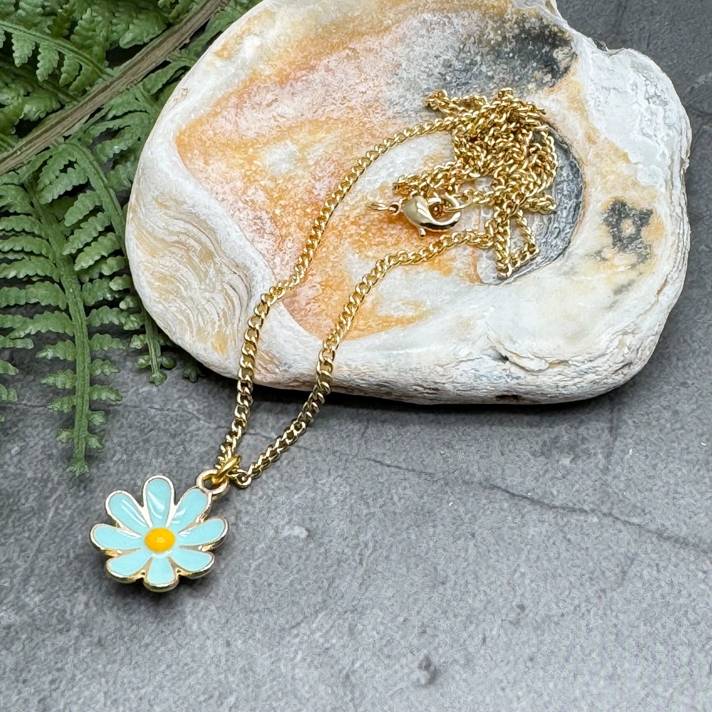 Blue Daisy Flower Charm Pendant Necklace