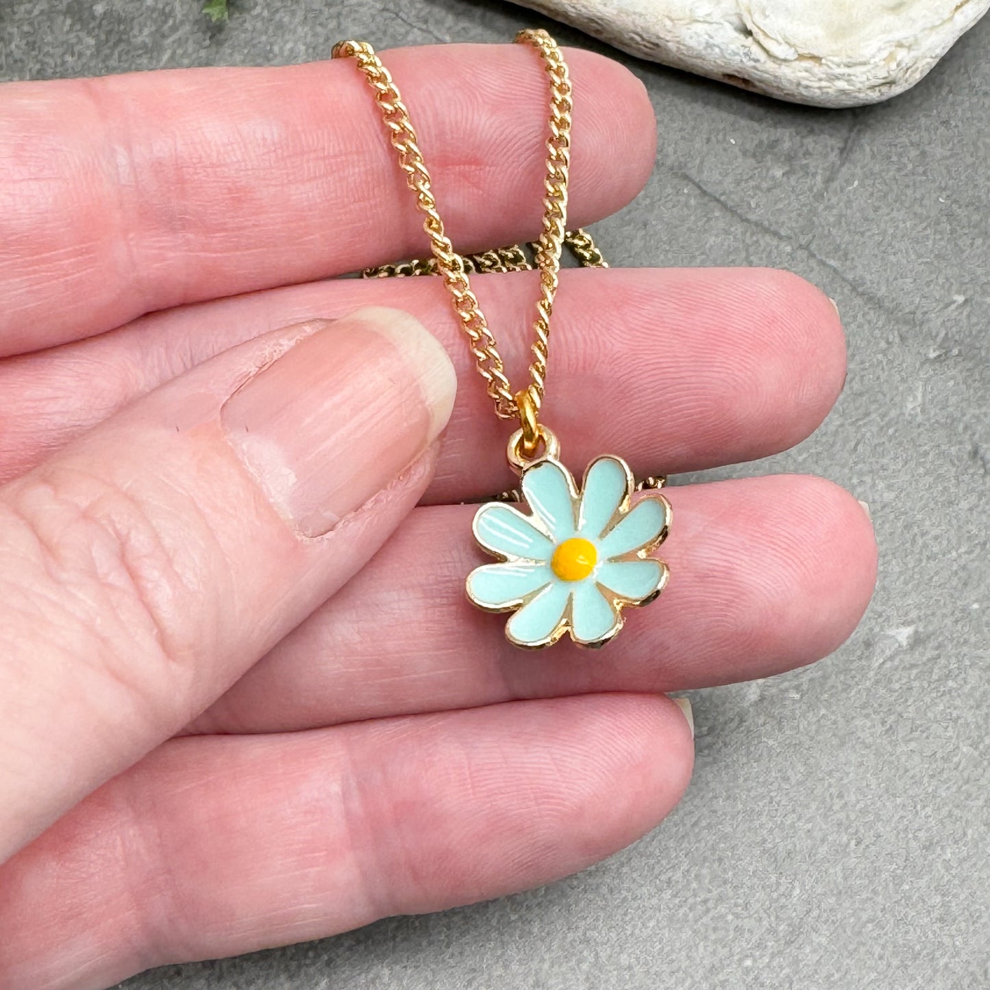 Blue Daisy Flower Charm Pendant Necklace