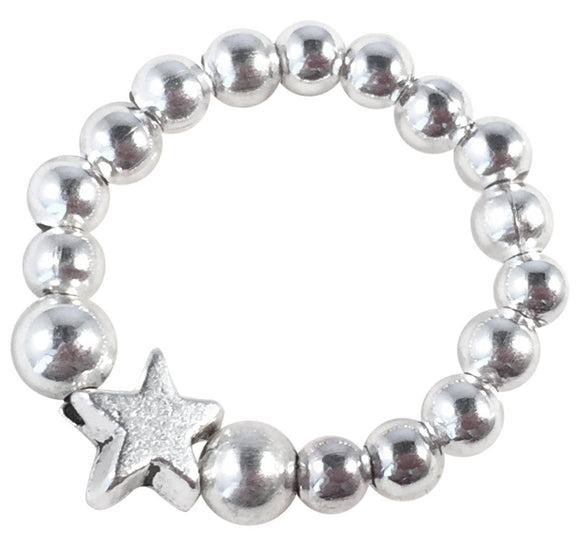 Tiny Star Charm Stretch Ring with Silver Plated Beads