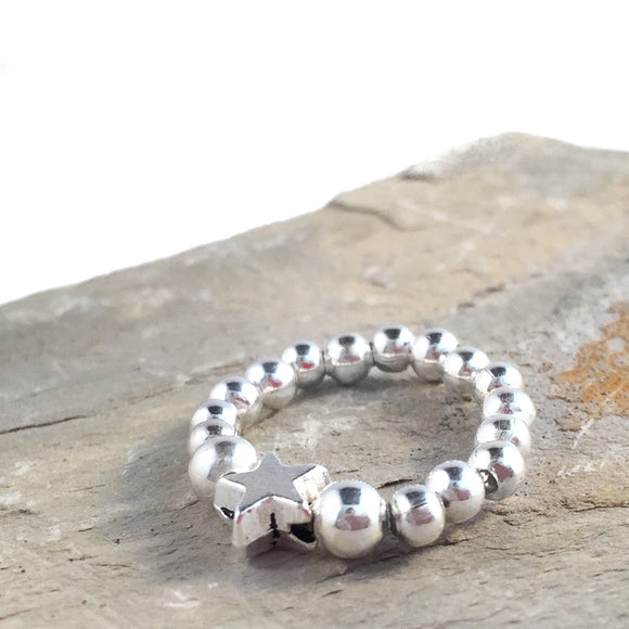 Tiny Star Charm Stretch Ring with Silver Plated Beads