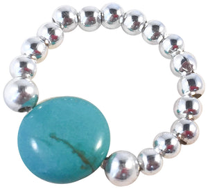 Flat Turquoise Stretch Ring with Silver Plated Beads