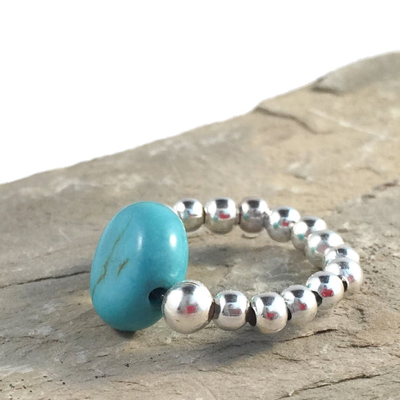 Flat Turquoise Stretch Ring with Silver Plated Beads