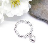 Heart Charm Stretch Ring with Silver Plated Beads