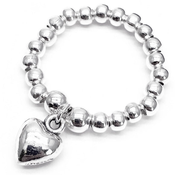 Heart Charm Stretch Ring with Silver Plated Beads