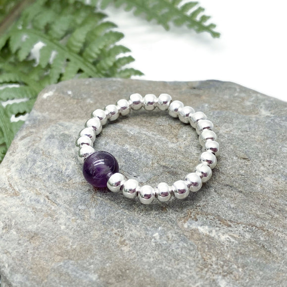Amethyst Bead Stretch Ring with Silver Plated Beads