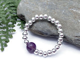 Amethyst Bead Stretch Ring with Silver Plated Beads