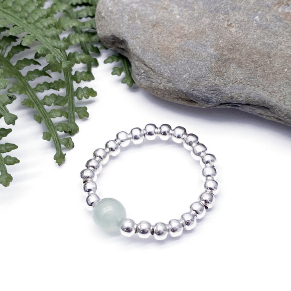 Green Aventurine Stretch Ring with Silver Plated Beads
